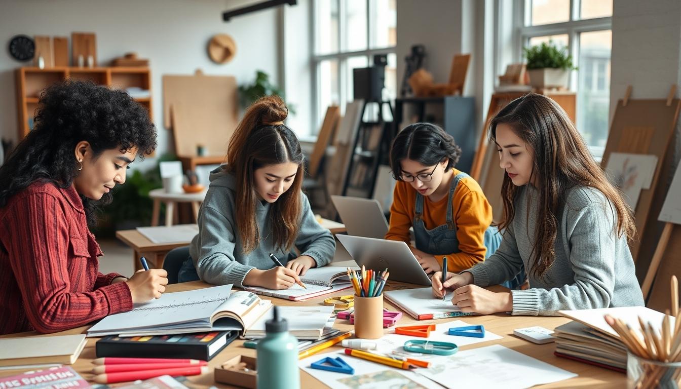 Students studying together in modern classroom